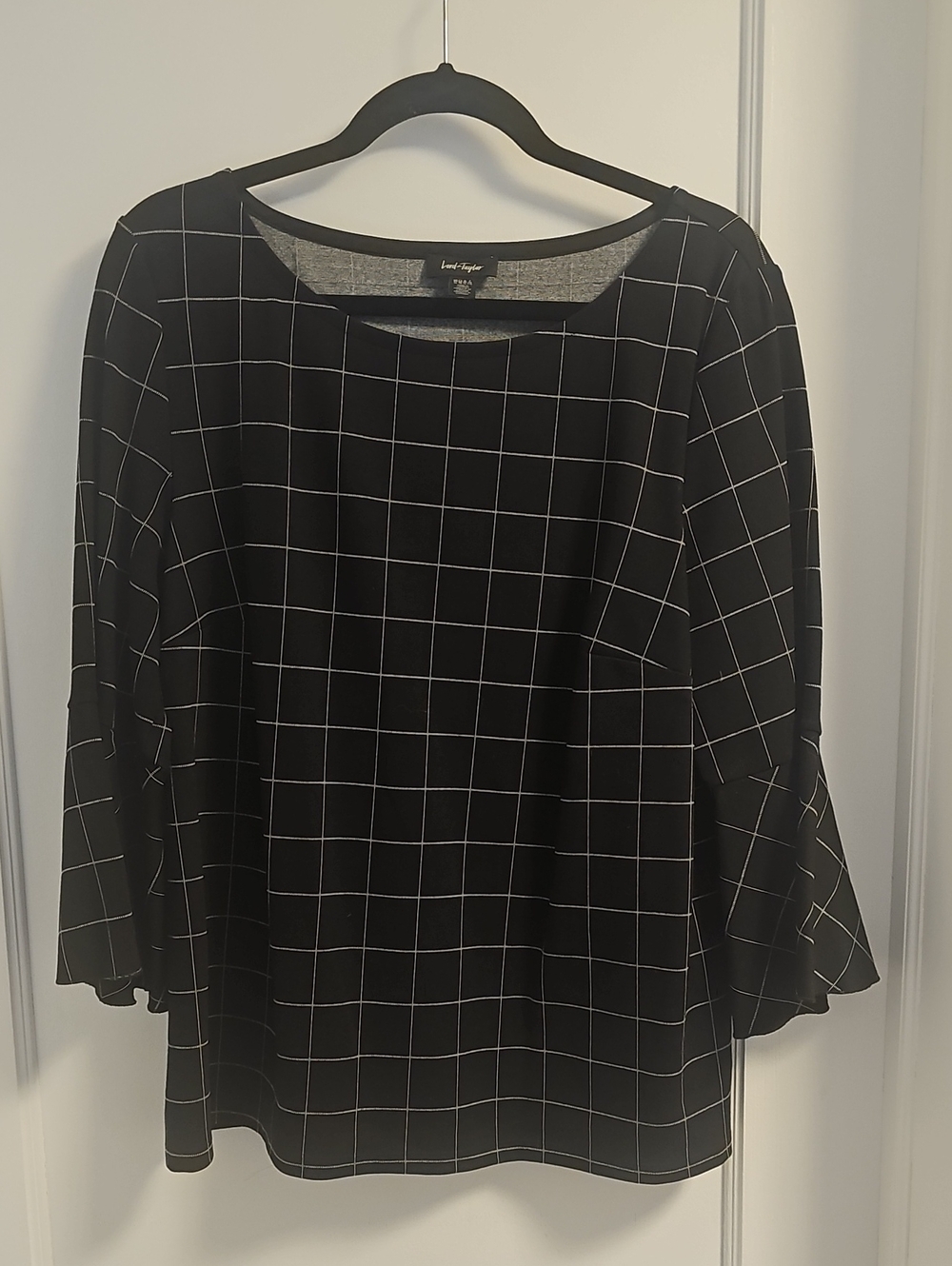 Lord & Taylor Black Windowpane Check Scoop Neck Blouse